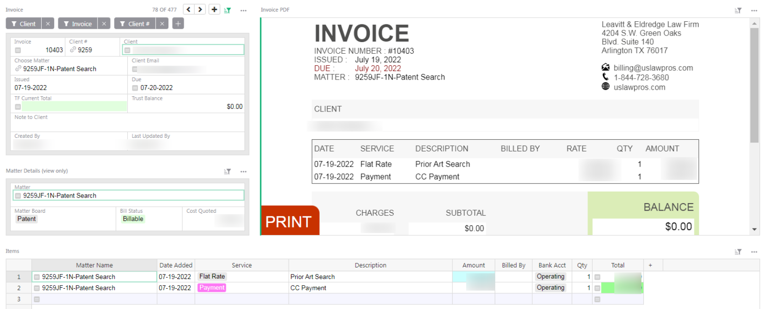 A sample invoice generated in the custom CRM using relational data, and a formula.