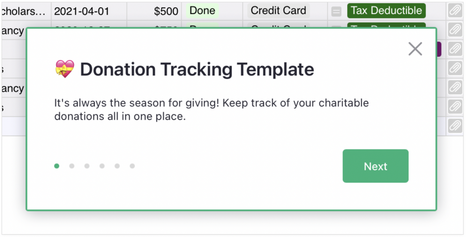 Image shows a screen grab of Grist's built-in tutorial and tour of the Donation Tracking Template