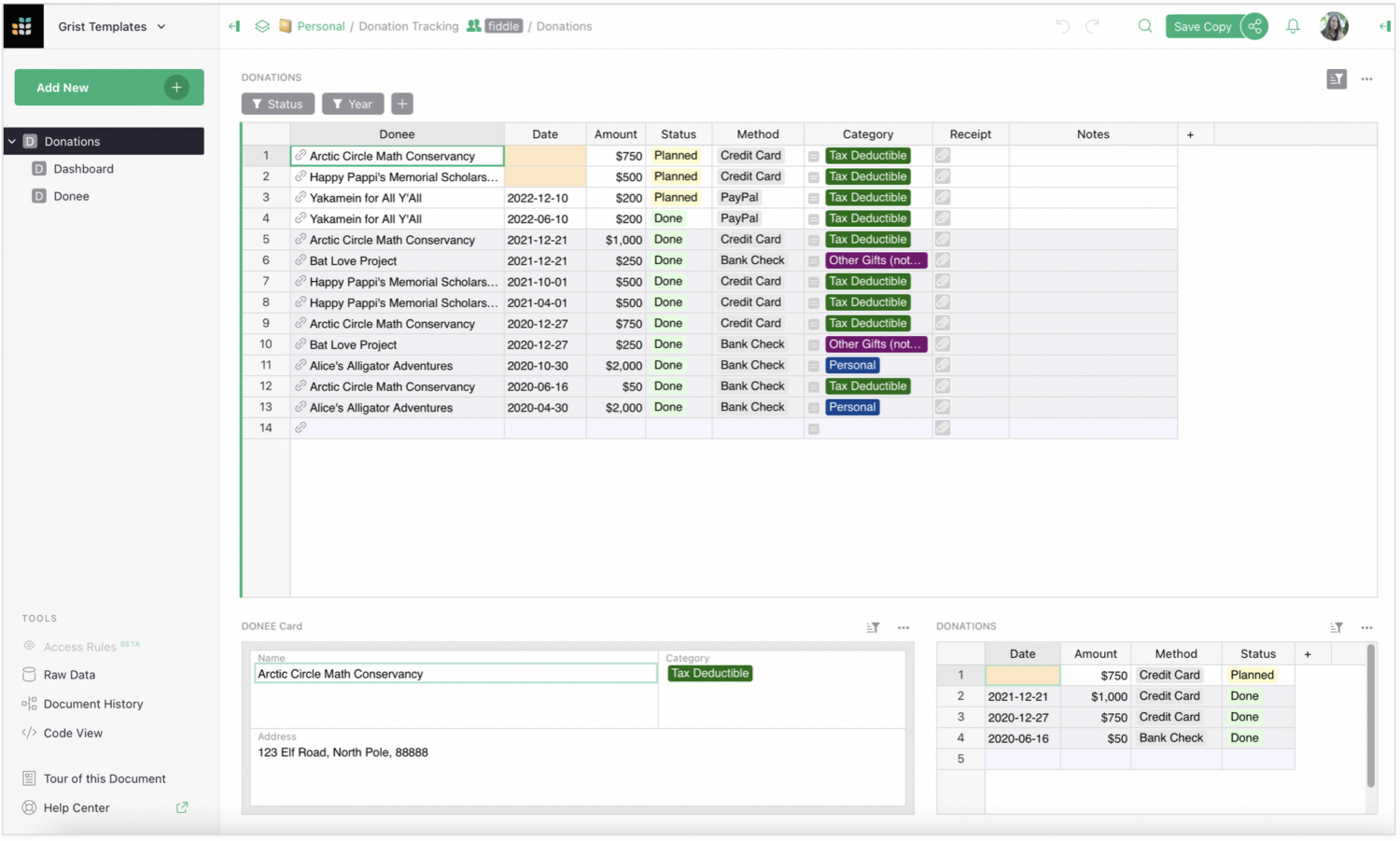 Image shows Donations view workspace of the Donation Tracking Template where users input the details of their donations, along with information about the charities they support.
