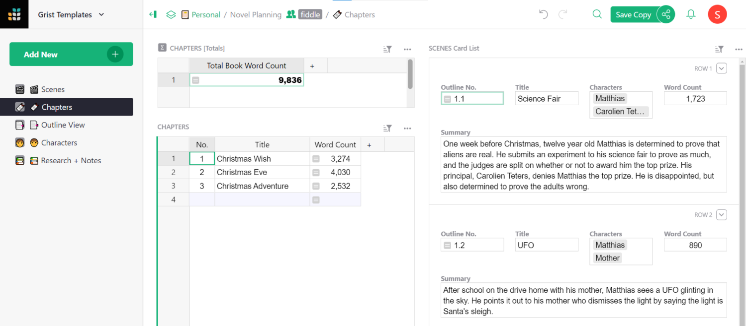 Keep track of your chapter word counts at a glance.
