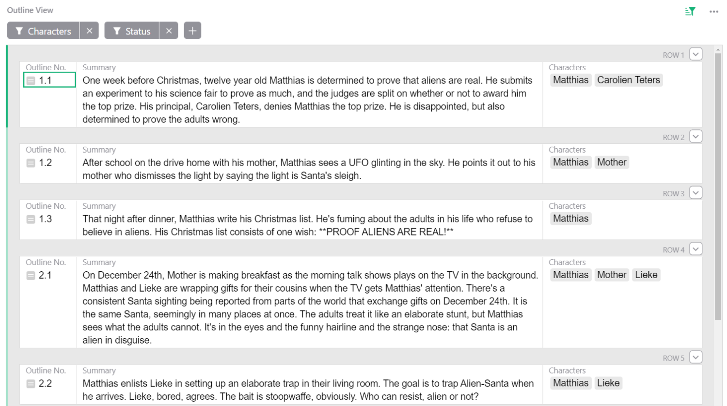 Outline view gives you the full picture of your novel.