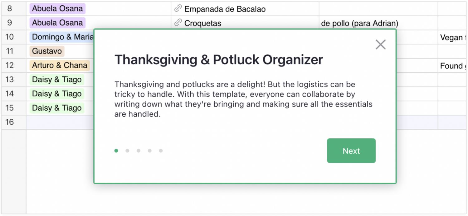 Image shows a screen grab of Grist's built-in tutorial and tour of the Potluck Organizer Template