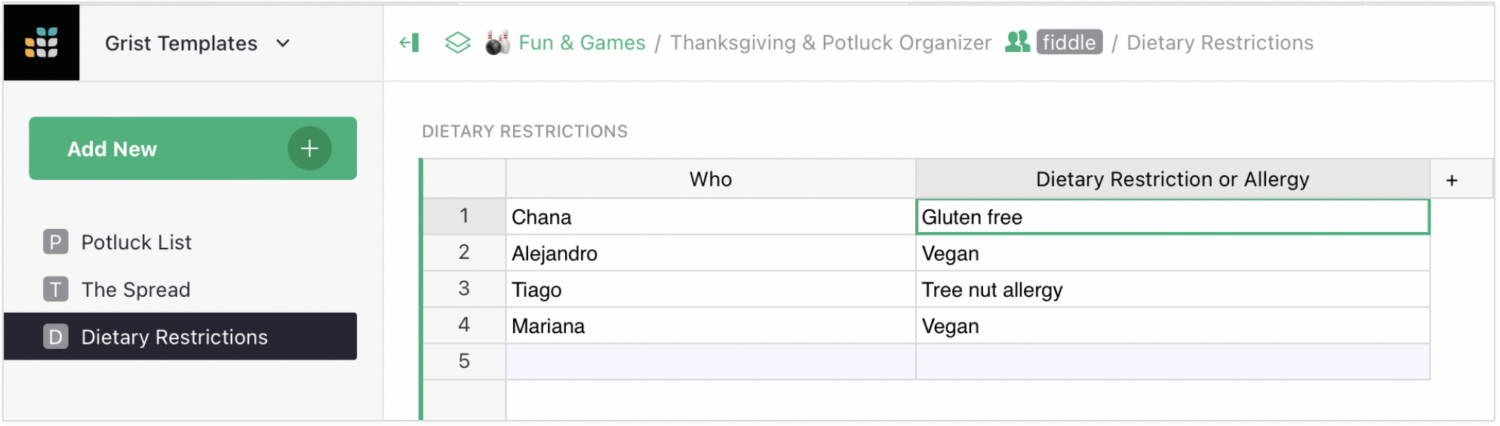 Image shows how the Potluck Organizer Template allows guests to call out any food issues they may have. Use the Dietary Restrictions view to add any food sensitivities, allergies, or dietary preferences, such as vegan