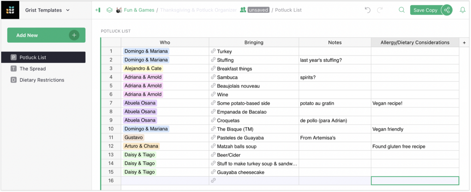 Image that shows how guests can use the Potluck Organizer Template's Potluck List view to enter what items they plan to bring and note any dietary restrictions their match their contributions.