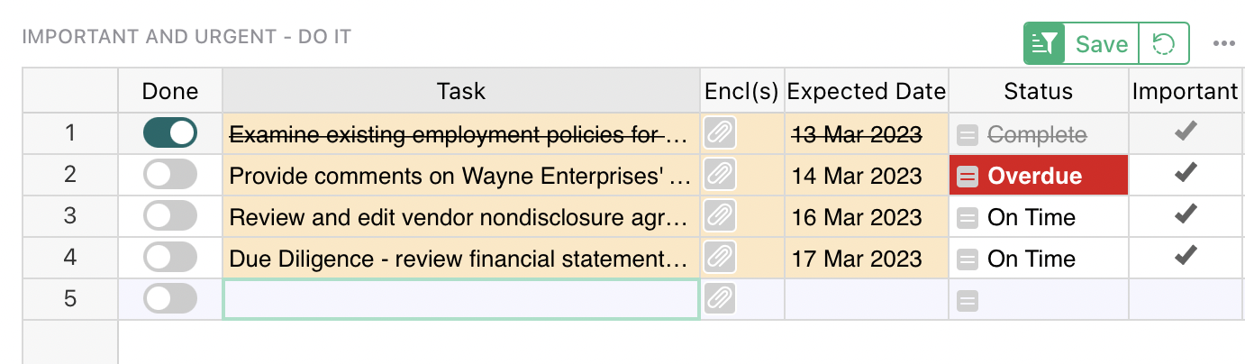 Screenshot showing how the "done" action within the Covey Time Management Matrix emulates the action of crossing out tasks on written lists.