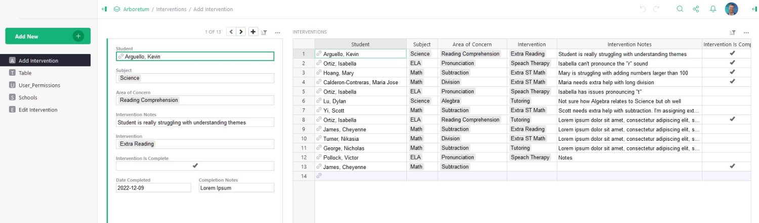 The company's Grist instance where they structure and apply granular access rules to the spreadsheets educators see in the portal. (Screenshot includes sample data.)