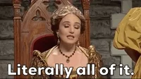 Image is a gif meme that expresses the challenges someone with ADHD has with Prioritization. It is an image of a woman saying in a very exaggerated manner, "Literally all of it." These words are written on the bottom of the image.