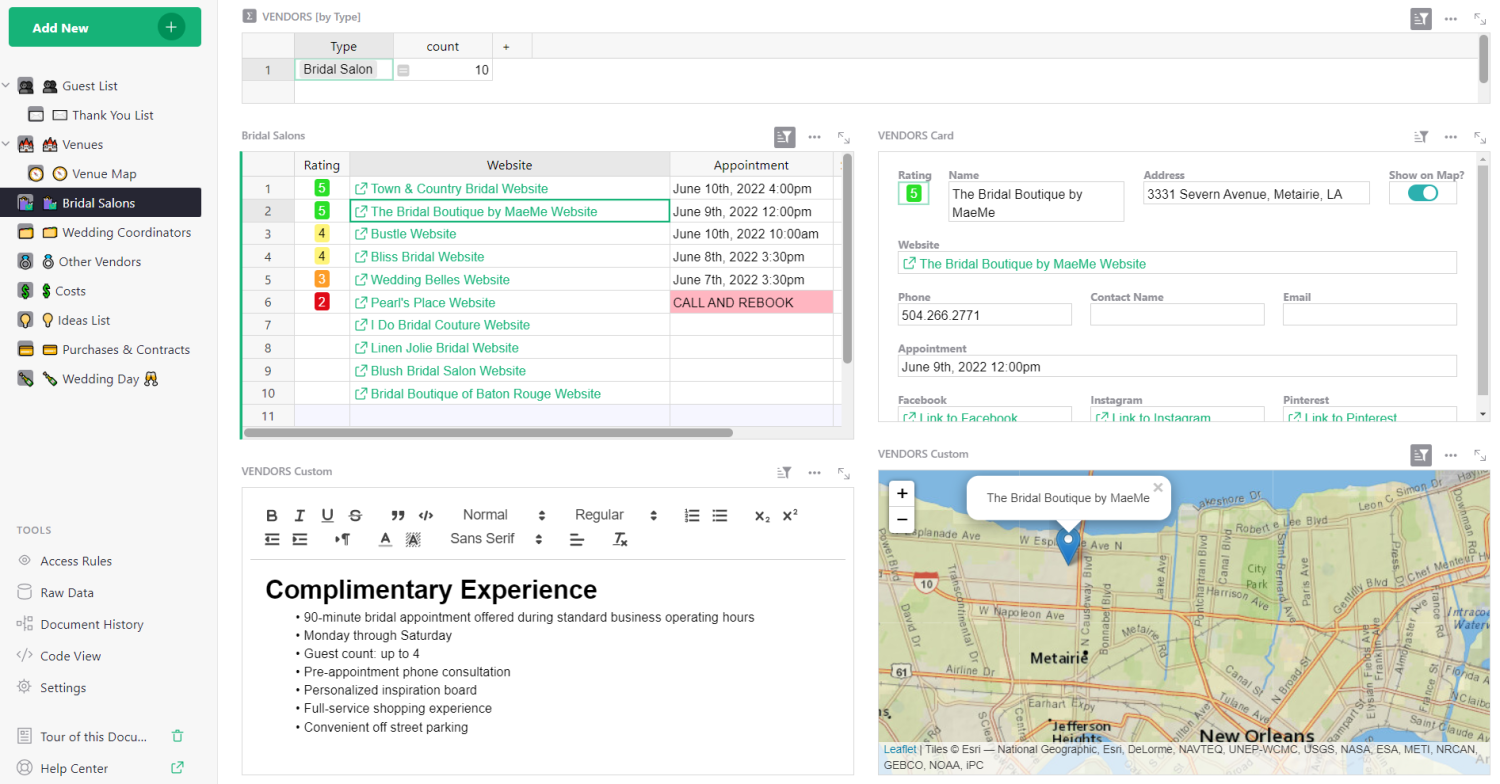 Bridal salon dashboard: Keep track of your bridal salon appointments (and extra goodies) in one place.