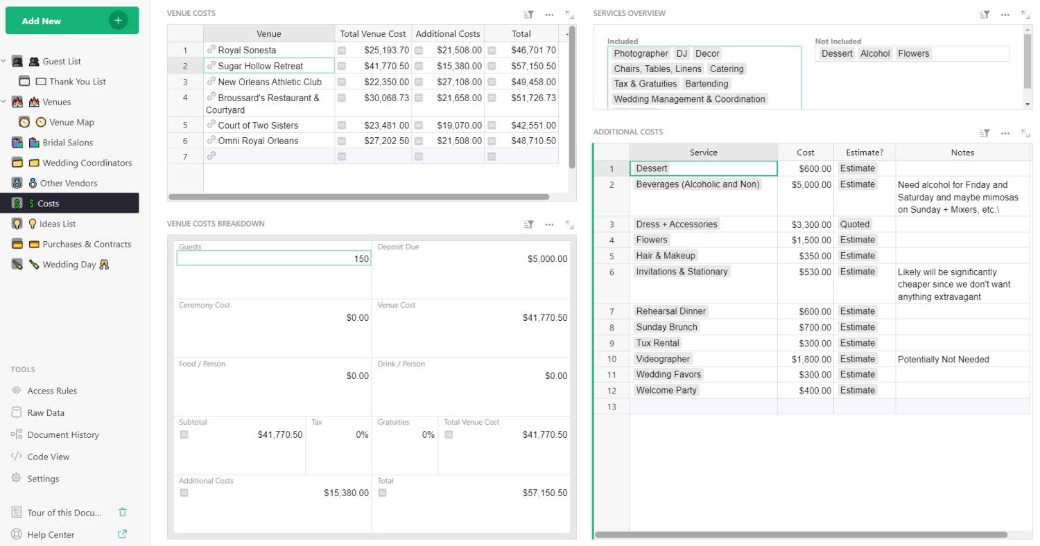 Wedding cost estimator: Estimates all your costs by easily comparing venues and additional vendors.