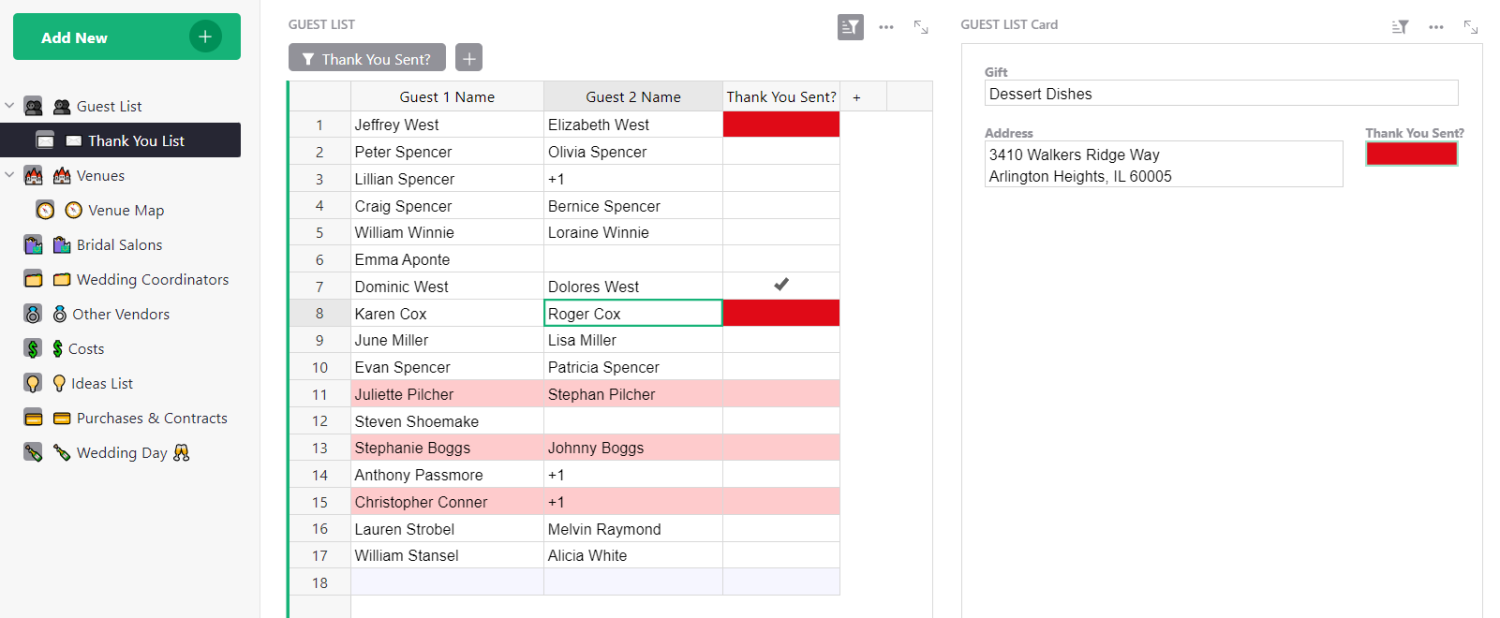 Thank you list dashboard: Make sure everyone who sent a gift receives a heartfelt thank you.
