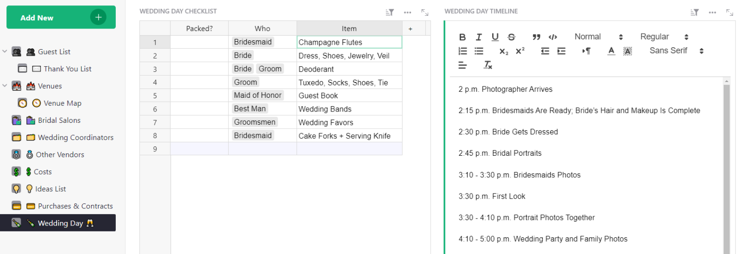 Wedding timeline page: Plan your wedding day and make sure everyone in the bridal party knows their role.