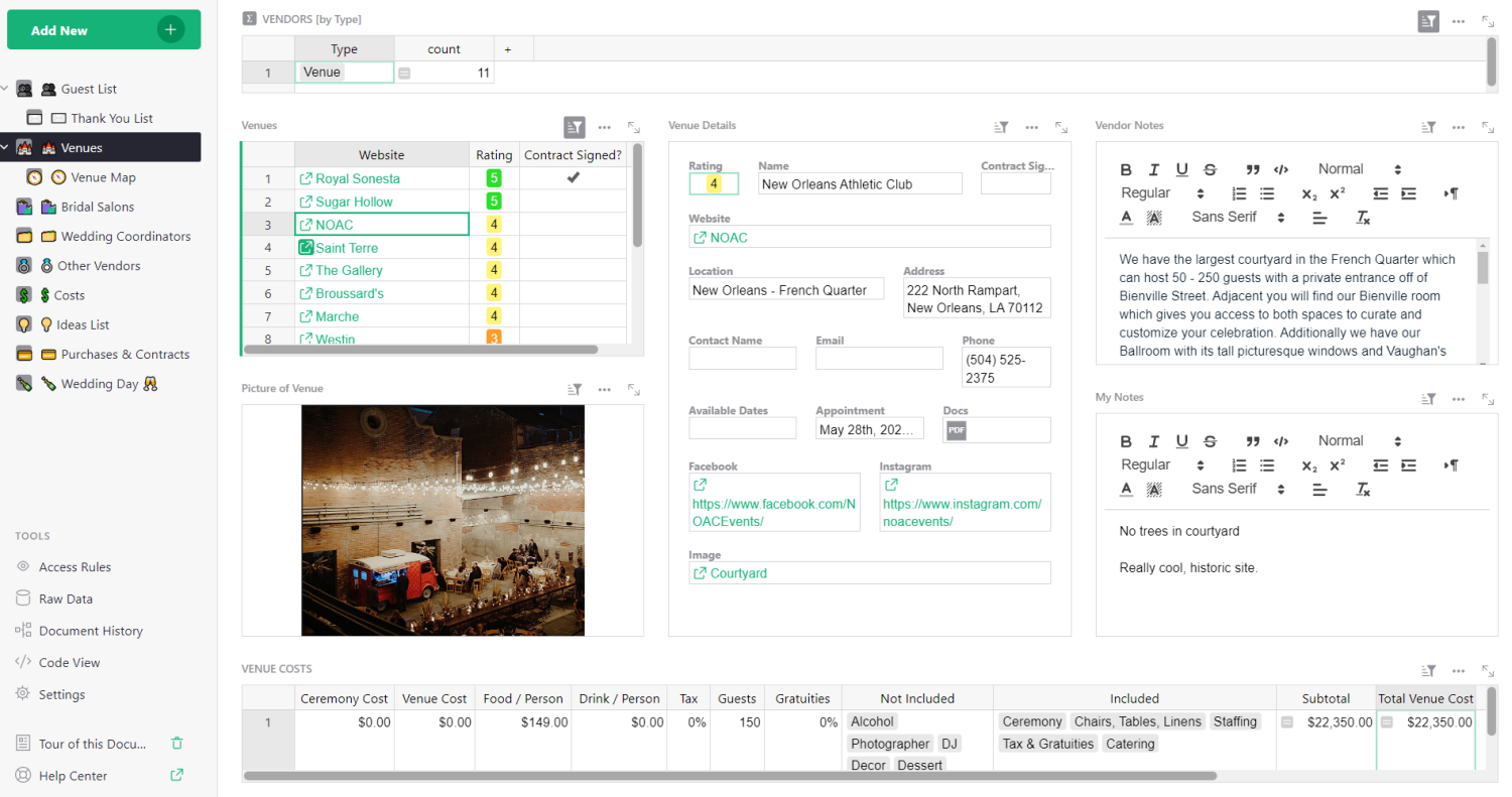 Venue shopping dashboard: Easily compare wedding venues, packages, and costs.