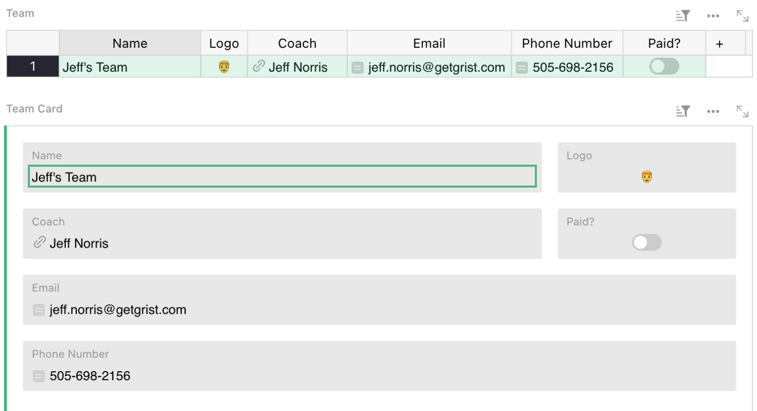 Screenshot showing a table and card view of the same information.