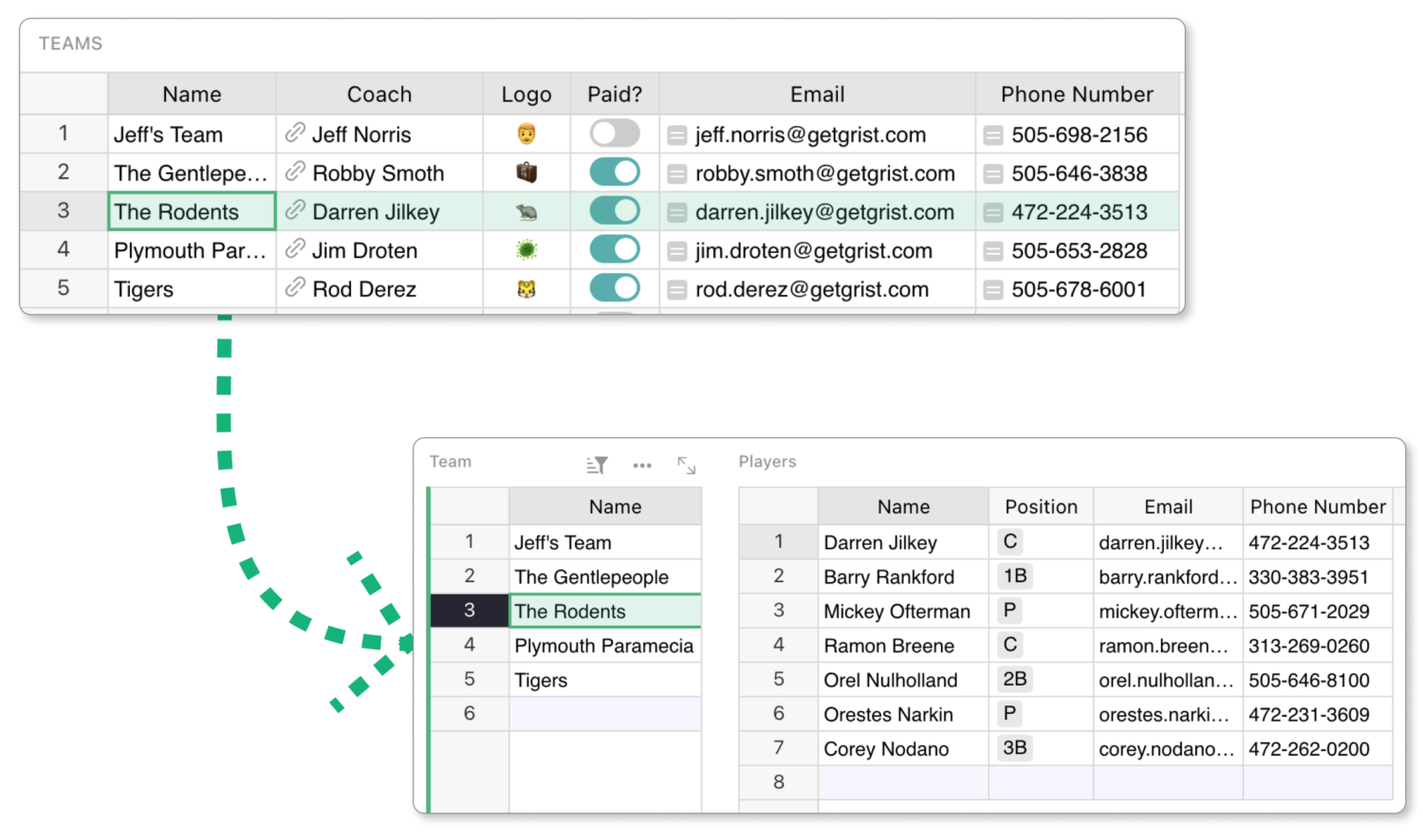 Grist screenshots showing filtering league players by team.
