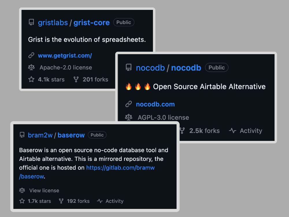 Screenshots of Grist, NocoDB and Baserow GitHub repos.
