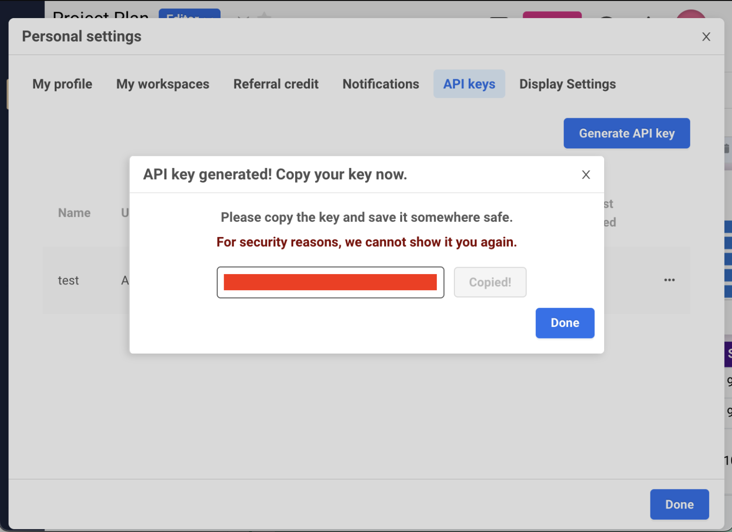 Generating API key in Spreadsheet.com screenshot
