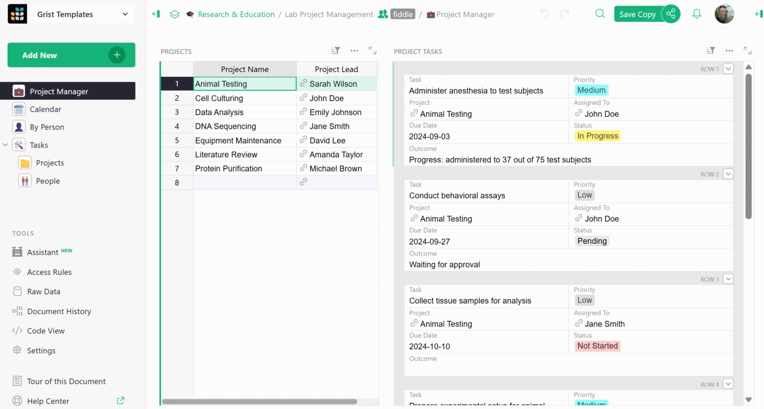 Lab Project Management spreadsheet template screenshot by Grist.