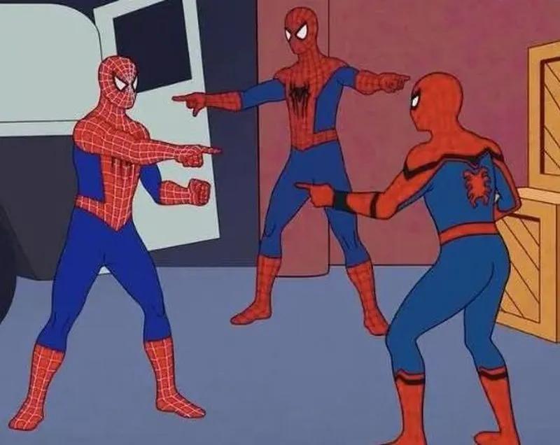 Three spidermen pointing at each other meme.