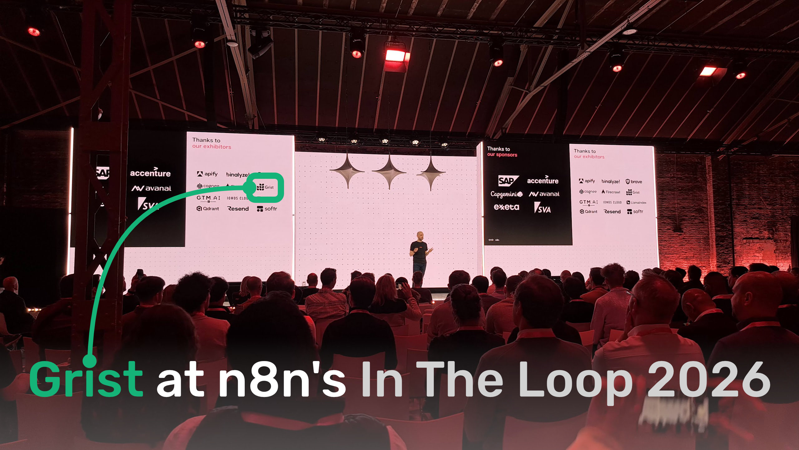 Grist at n8n's In The Loop 2026 header image showing keynote stage with Grist's logo.